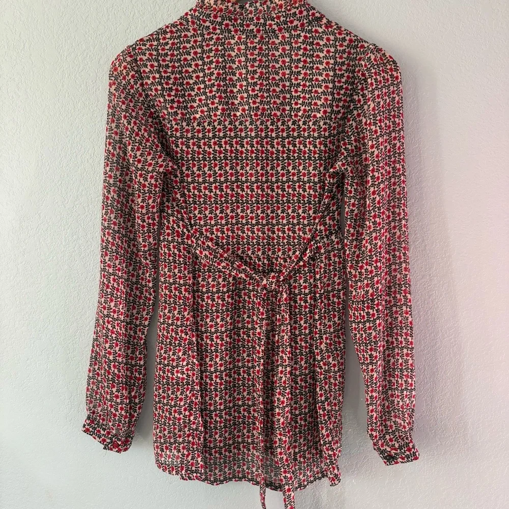 Vintage Forever 21 Red Black Floral Sheer Tunic Top Ruffle Y2K - Picture 2 of 14